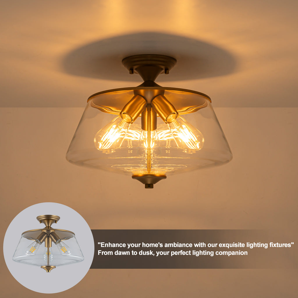 3-Light Matte Brass Flush Mount Ceiling Light with Clear Glass Shade - product image 3 | Zenvolit