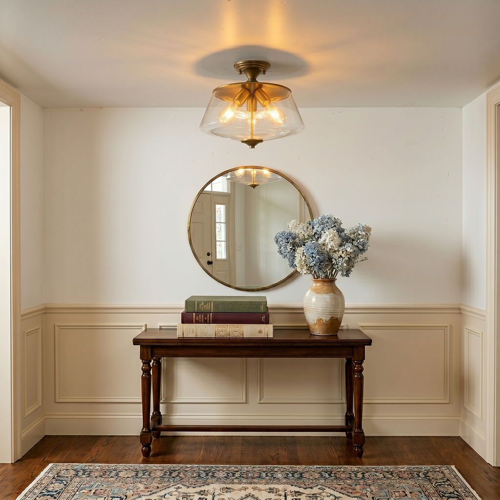 3-Light Matte Brass Flush Mount Ceiling Light with Clear Glass Shade - product image 7 | Zenvolit