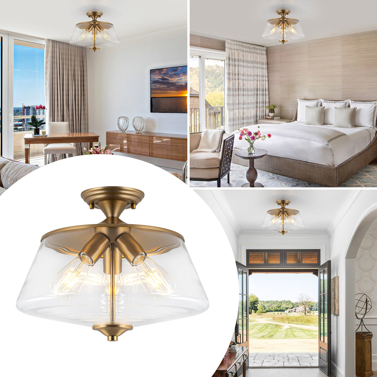 3-Light Matte Brass Flush Mount Ceiling Light with Clear Glass Shade - product image 9 | Zenvolit