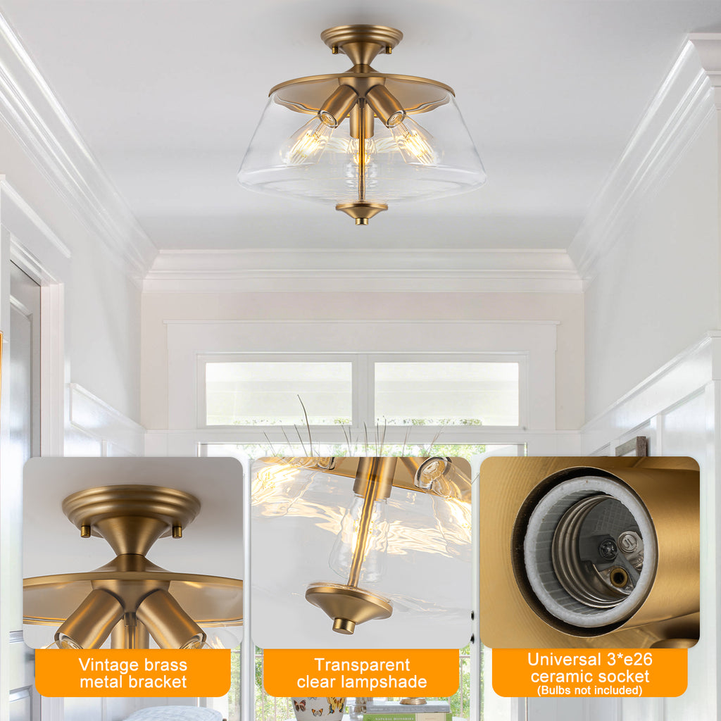 3-Light Matte Brass Flush Mount Ceiling Light with Clear Glass Shade - product image 10 | Zenvolit