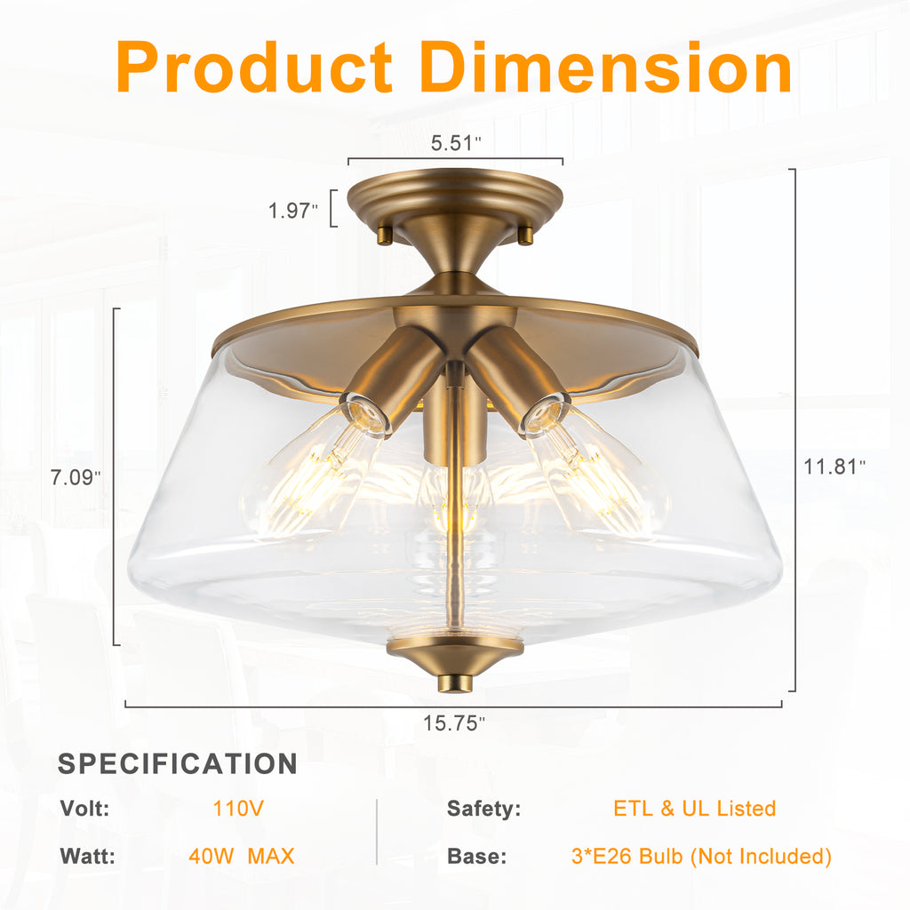 3-Light Matte Brass Flush Mount Ceiling Light with Clear Glass Shade - product image 12 | Zenvolit