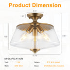 3-Light Matte Brass Flush Mount Ceiling Light with Clear Glass Shade - product image 12 | Zenvolit