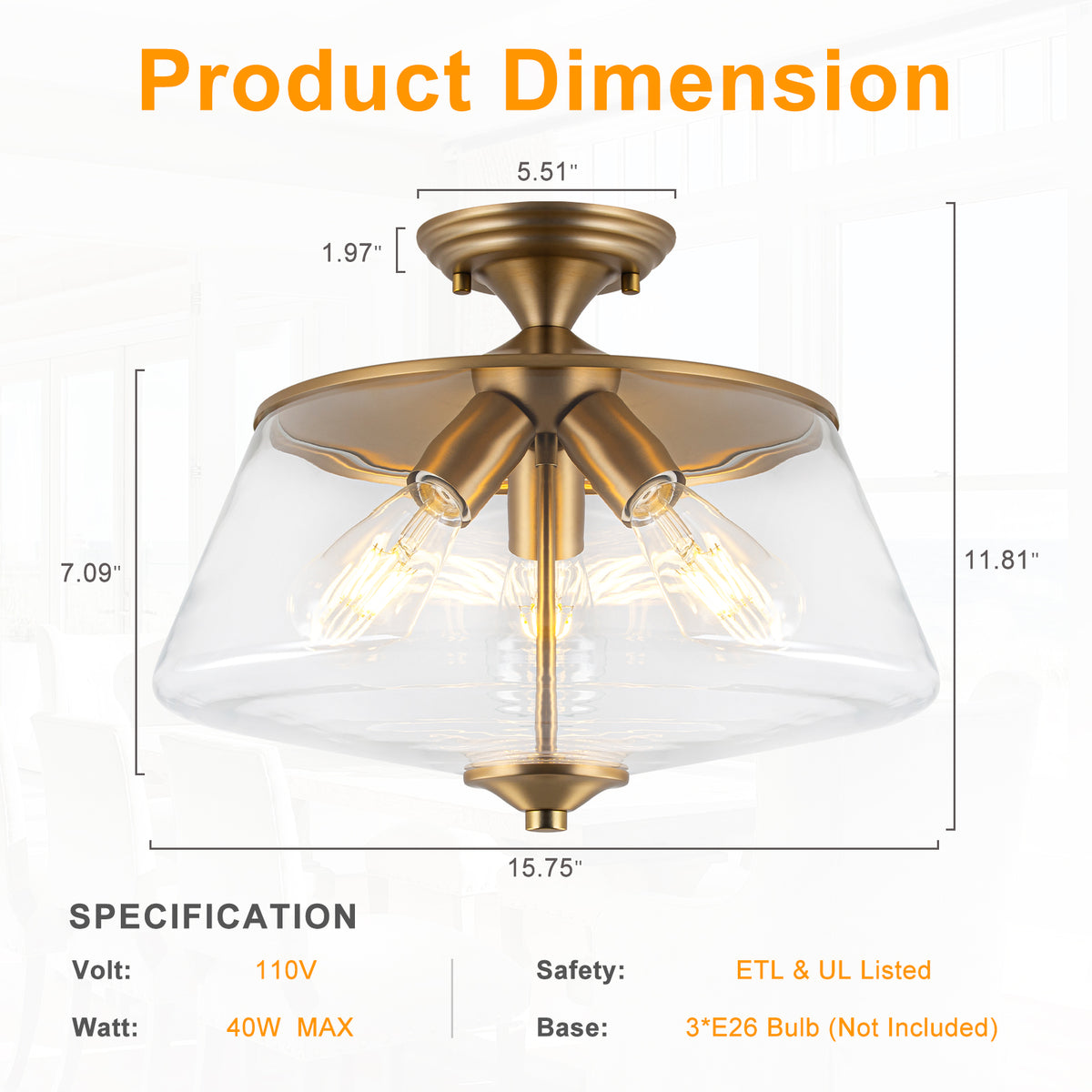 3-Light Matte Brass Flush Mount Ceiling Light with Clear Glass Shade - product image 12 | Zenvolit
