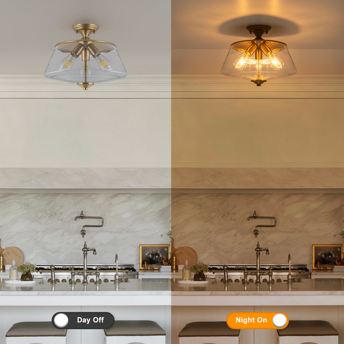 3-Light Matte Brass Flush Mount Ceiling Light with Clear Glass Shade - product image 13 | Zenvolit