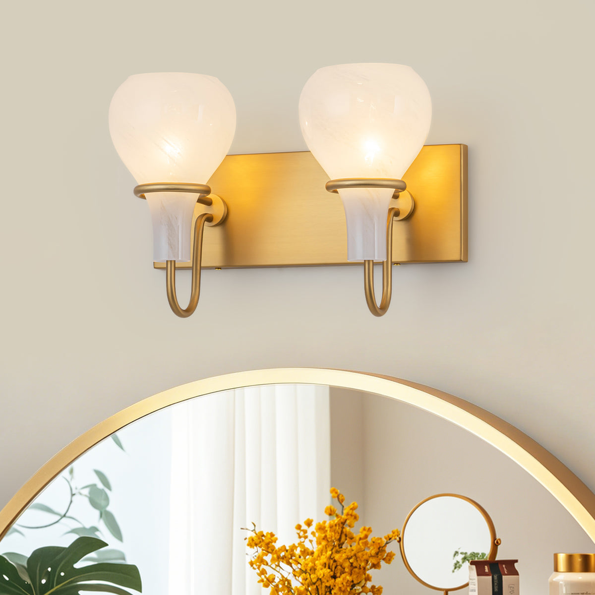 Modern Gold Vanity Light with Clouded Glass Bulb-Vase Shades Bathroom - product image 3 | Zenvolit