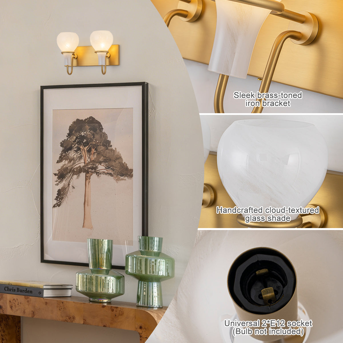 Modern Gold Vanity Light with Clouded Glass Bulb-Vase Shades Bathroom - product image 11 | Zenvolit