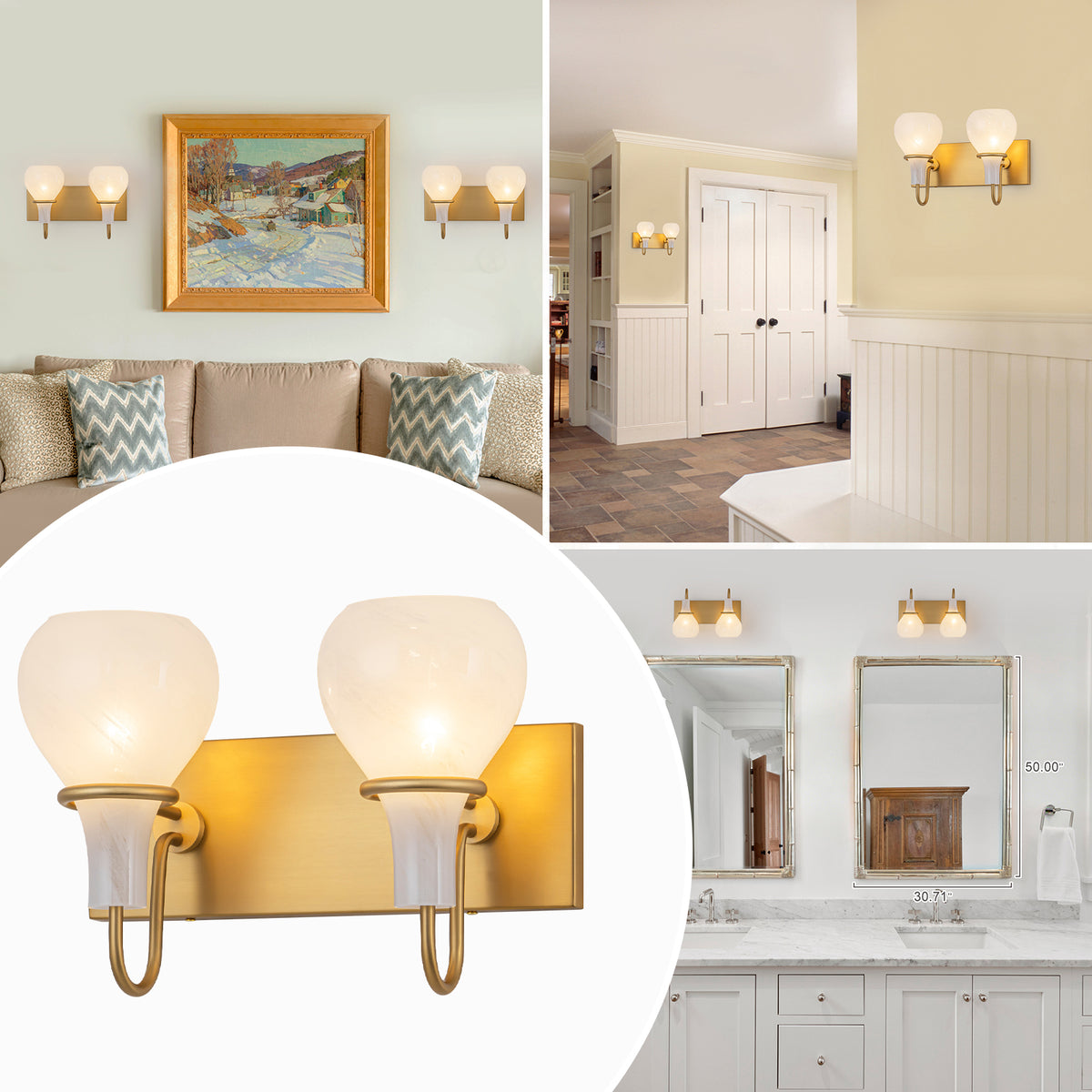 Modern Gold Vanity Light with Clouded Glass Bulb-Vase Shades Bathroom - product image 16 | Zenvolit