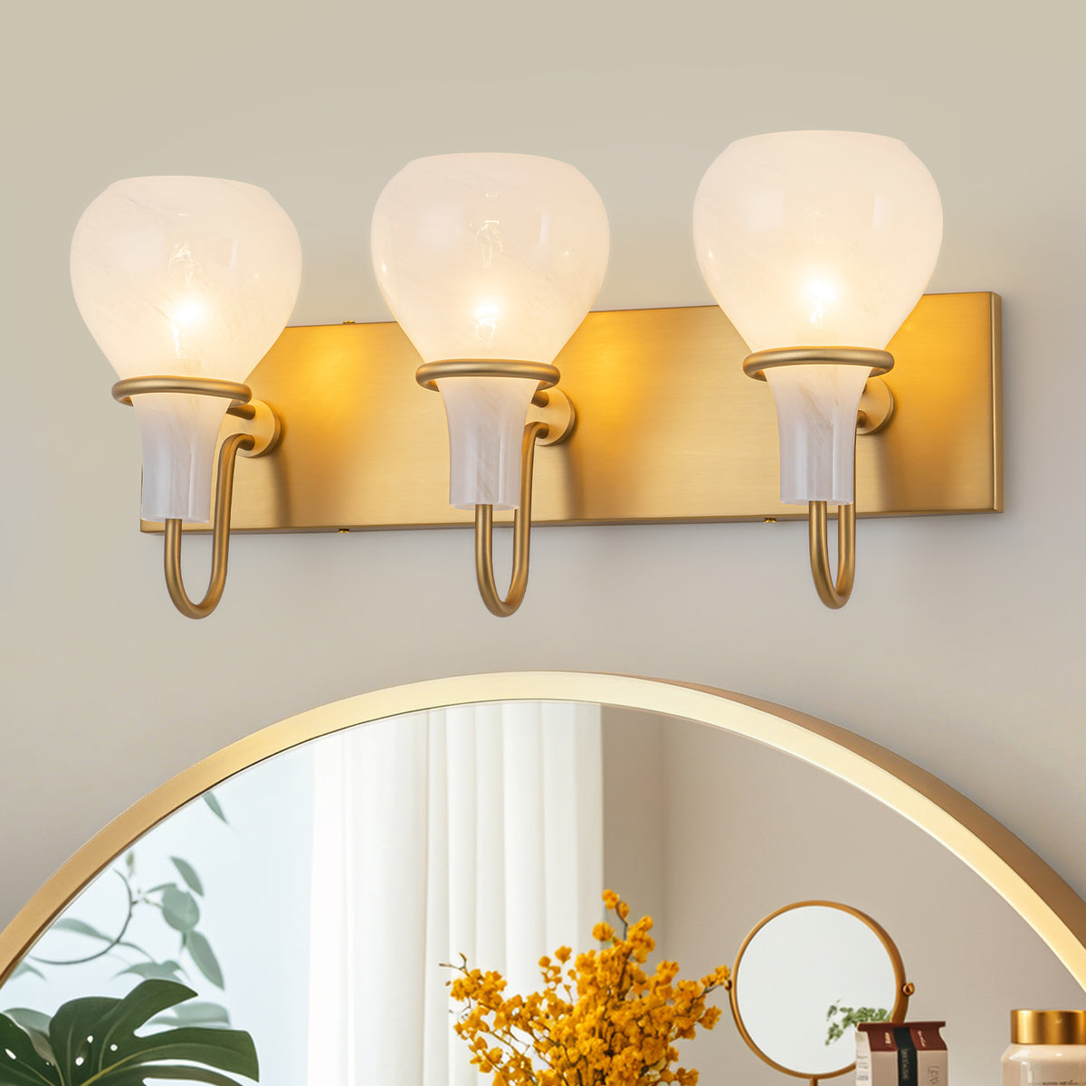 Modern Gold Vanity Light with Clouded Glass Bulb-Vase Shades Bathroom - product image 3 | Zenvolit