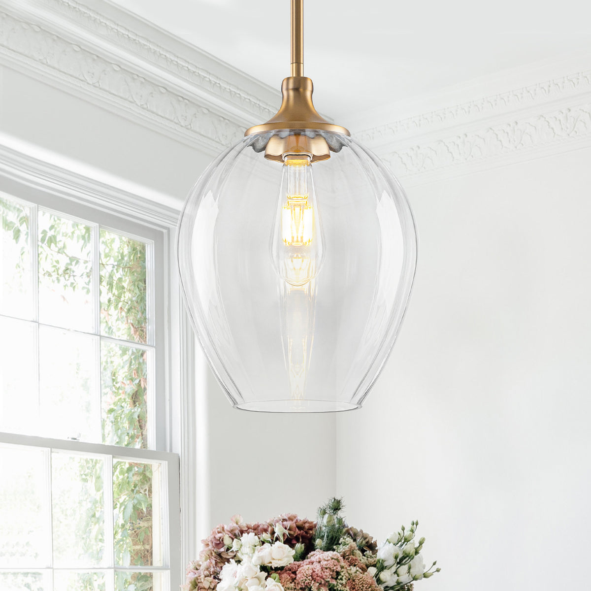 Modern Matte Brass Pendant Light Teardrop Ribbed Clear Glass Shade - product image 1 | Zenvolit