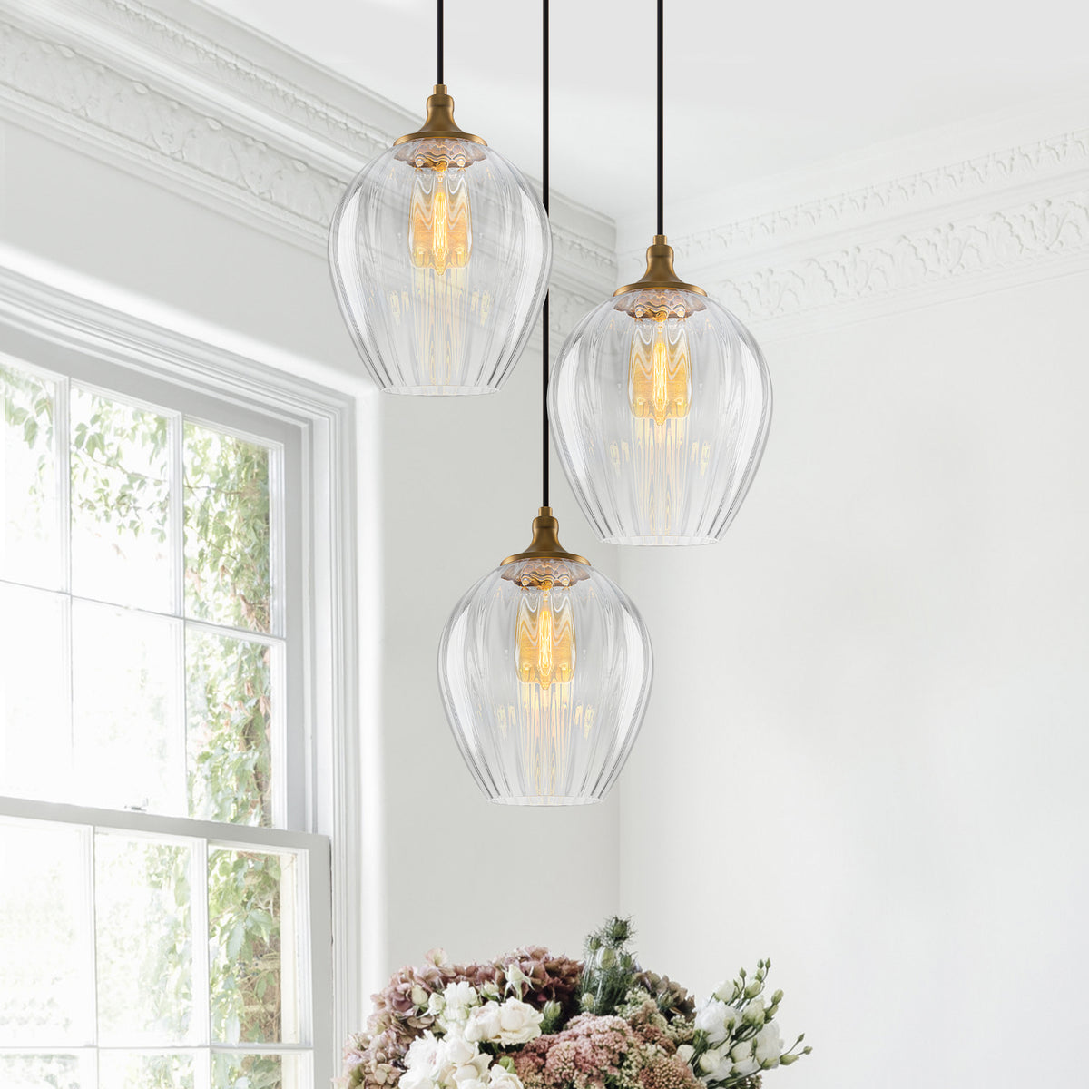 3-Light Modern Cluster Hanging Pendant Light Ribbed Clear Glass - product image 1 | Zenvolit