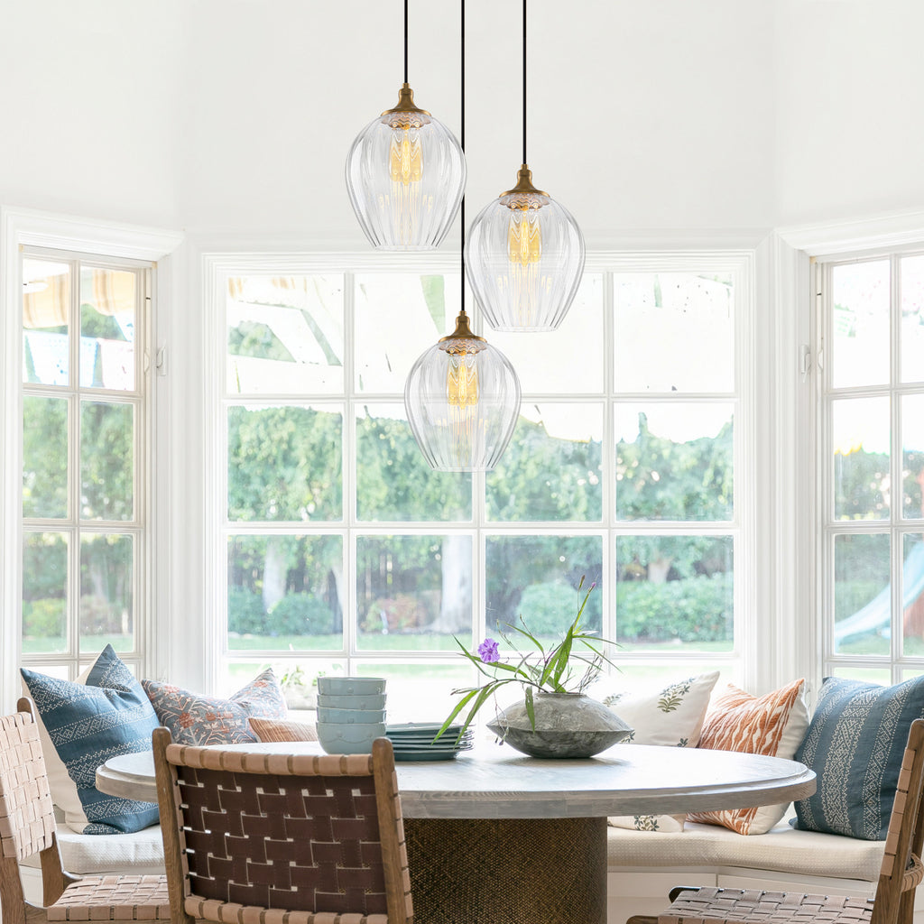 3-Light Modern Cluster Hanging Pendant Light Ribbed Clear Glass - product image 5 | Zenvolit