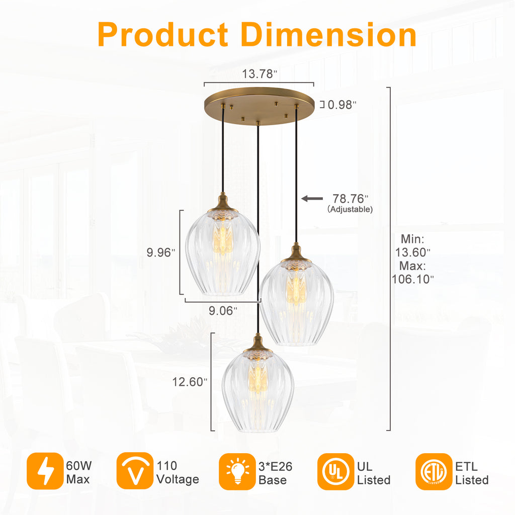 3-Light Modern Cluster Hanging Pendant Light Ribbed Clear Glass - product image 9 | Zenvolit