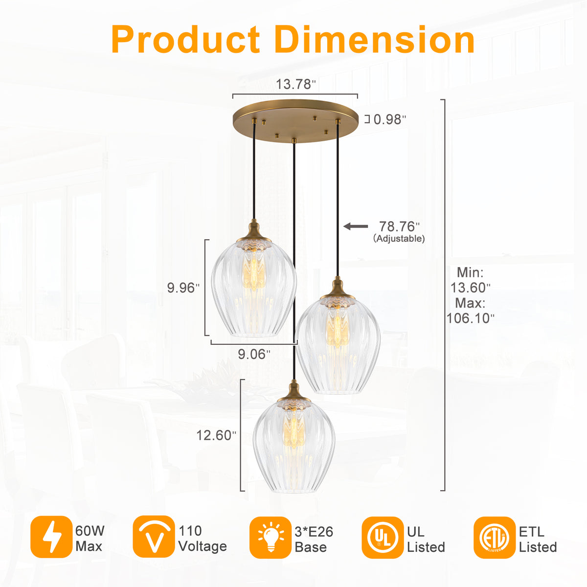 3-Light Modern Cluster Hanging Pendant Light Ribbed Clear Glass - product image 9 | Zenvolit