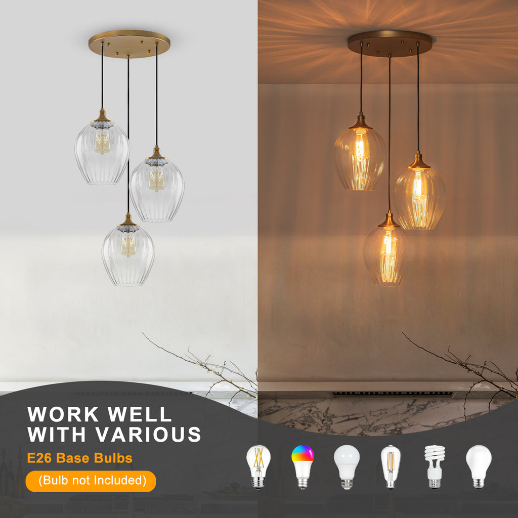 3-Light Modern Cluster Hanging Pendant Light Ribbed Clear Glass - product image 10 | Zenvolit