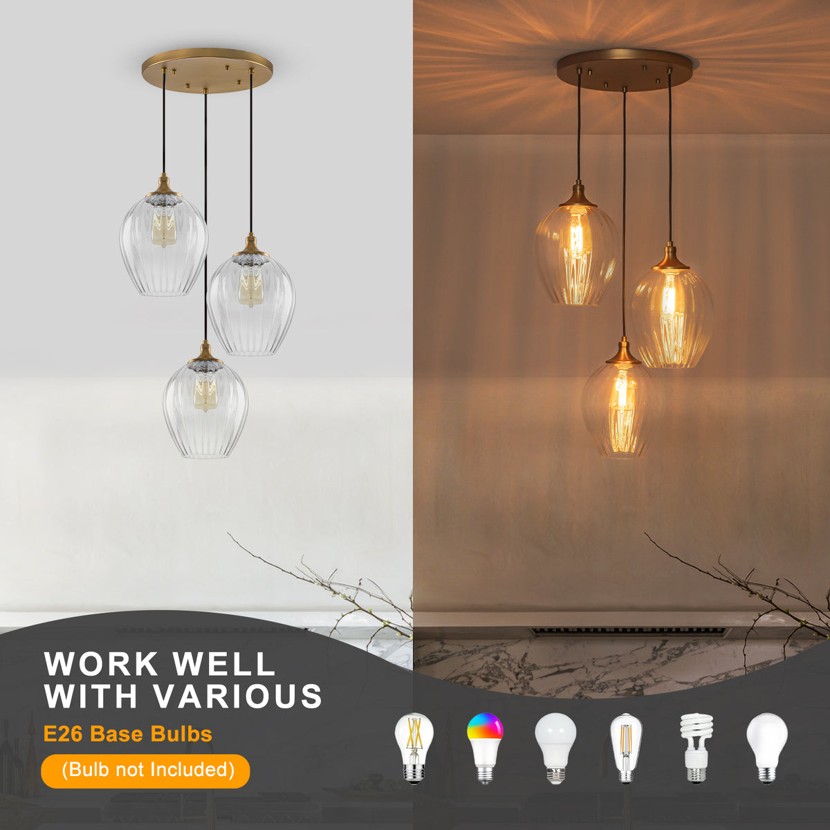 3-Light Modern Cluster Hanging Pendant Light Ribbed Clear Glass - product image 10 | Zenvolit