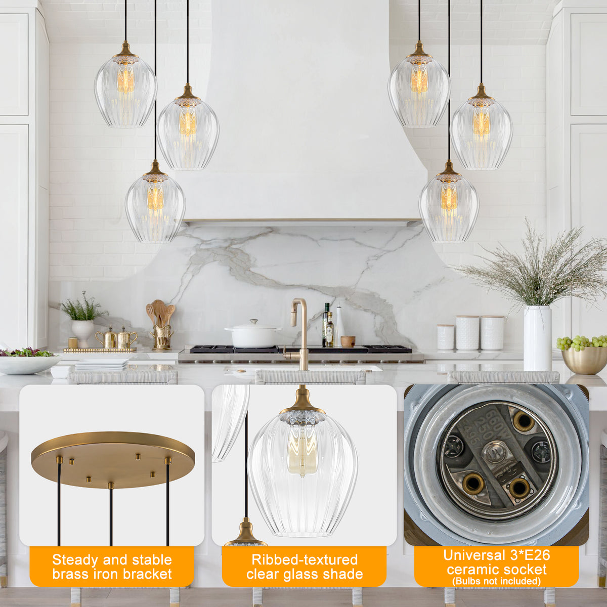 3-Light Modern Cluster Hanging Pendant Light Ribbed Clear Glass - product image 11 | Zenvolit
