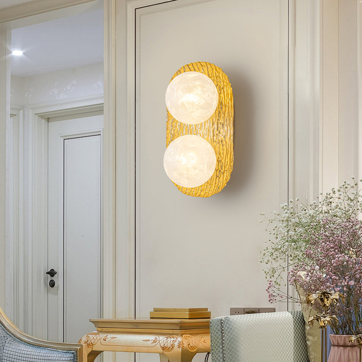 2-Light Textured Gold Metal Wall Sconce Frosted Crackled Glass Globe - product image 1 | Zenvolit