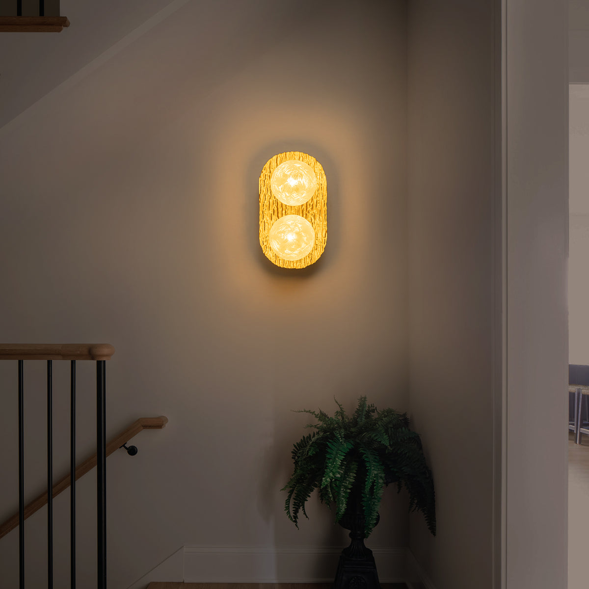 2-Light Textured Gold Metal Wall Sconce Frosted Crackled Glass Globe - product image 3 | Zenvolit