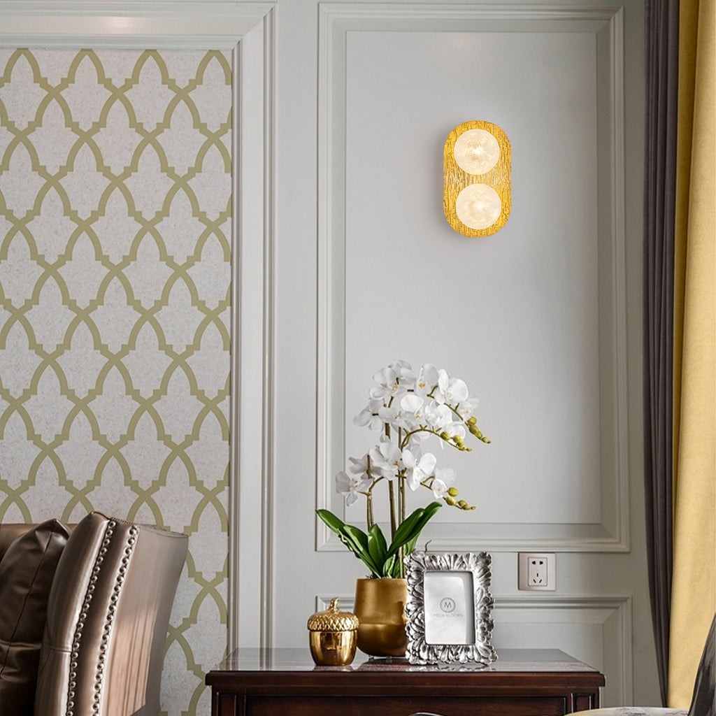 2-Light Textured Gold Metal Wall Sconce Frosted Crackled Glass Globe - product image 5 | Zenvolit