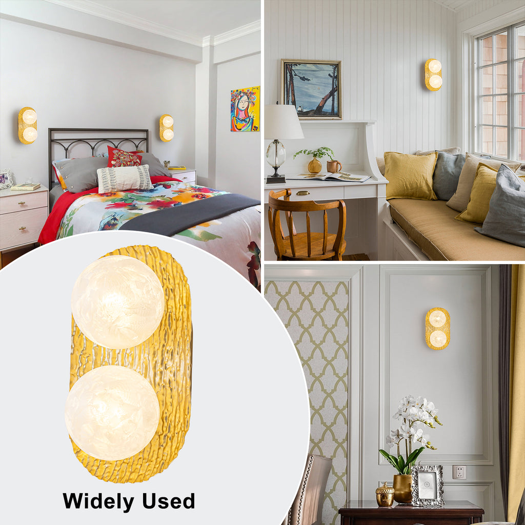 2-Light Textured Gold Metal Wall Sconce Frosted Crackled Glass Globe - product image 6 | Zenvolit