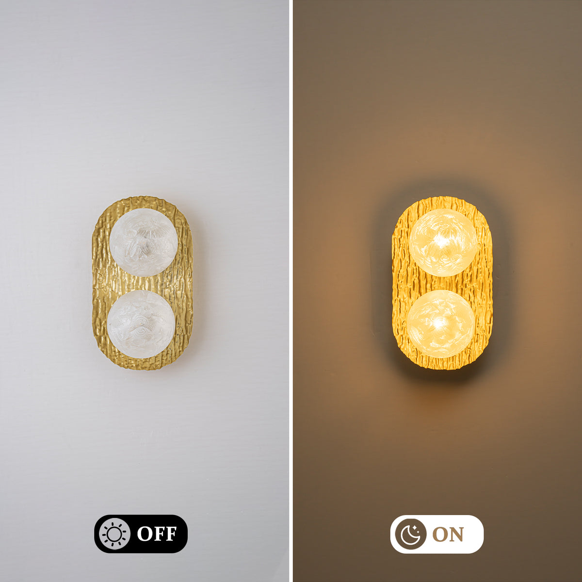 2-Light Textured Gold Metal Wall Sconce Frosted Crackled Glass Globe - product image 8 | Zenvolit