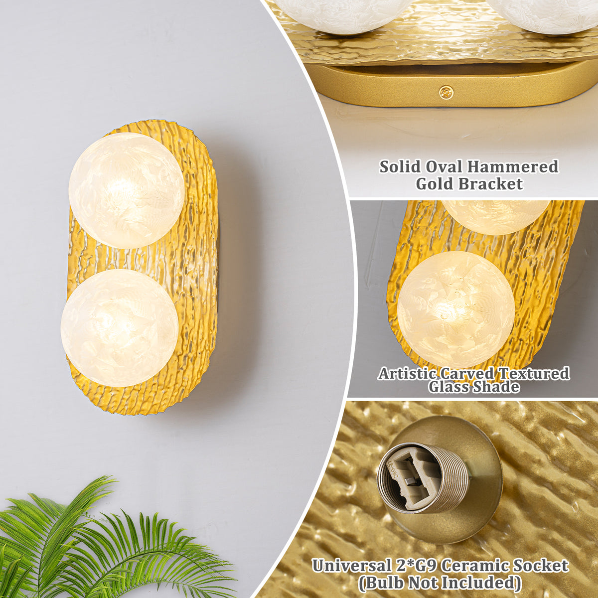 2-Light Textured Gold Metal Wall Sconce Frosted Crackled Glass Globe - product image 13 | Zenvolit