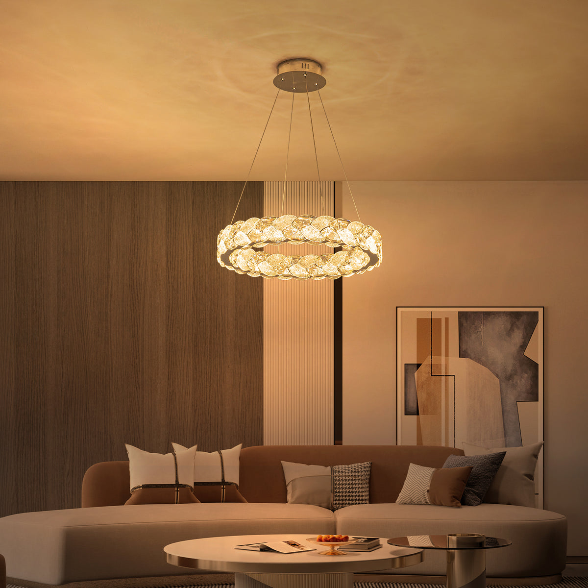 Ring Chrome LED Chandelier Textured Clear & Frosted Crystal Panels - product image 3 | Zenvolit