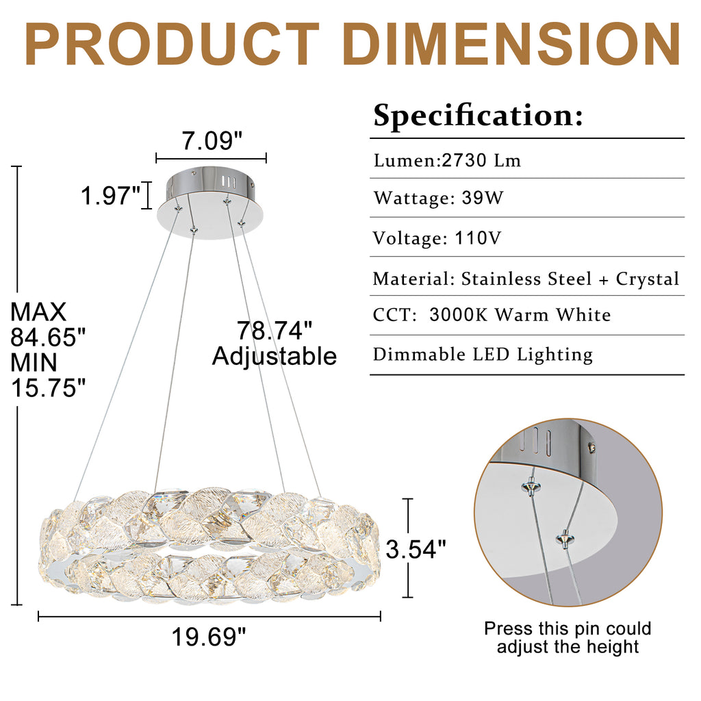 Ring Chrome LED Chandelier Textured Clear & Frosted Crystal Panels - product image 7 | Zenvolit