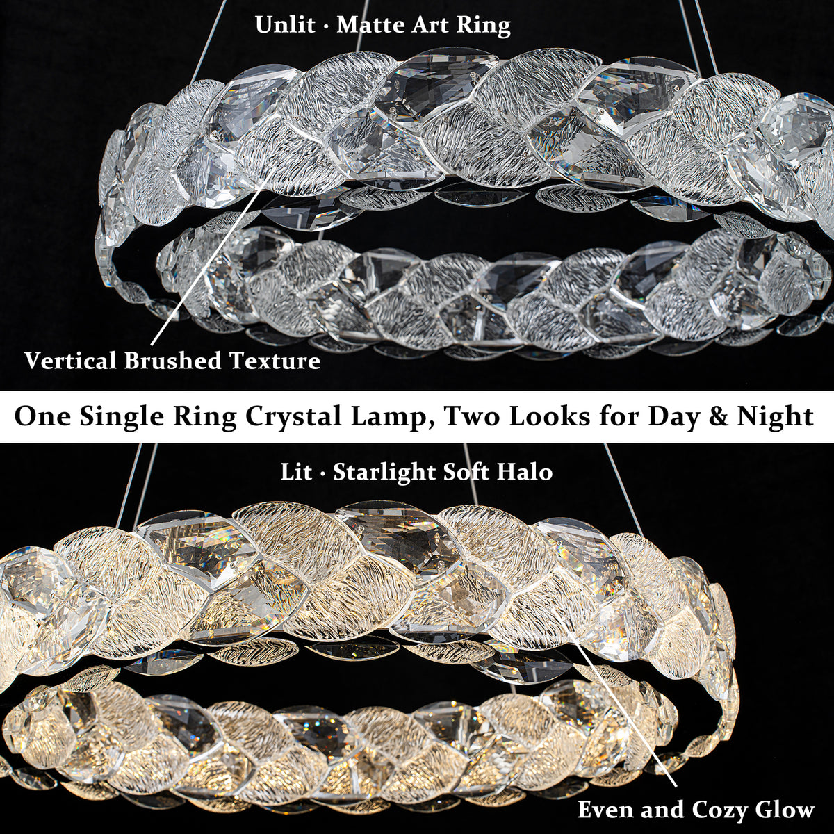 Ring Chrome LED Chandelier Textured Clear & Frosted Crystal Panels - product image 14 | Zenvolit