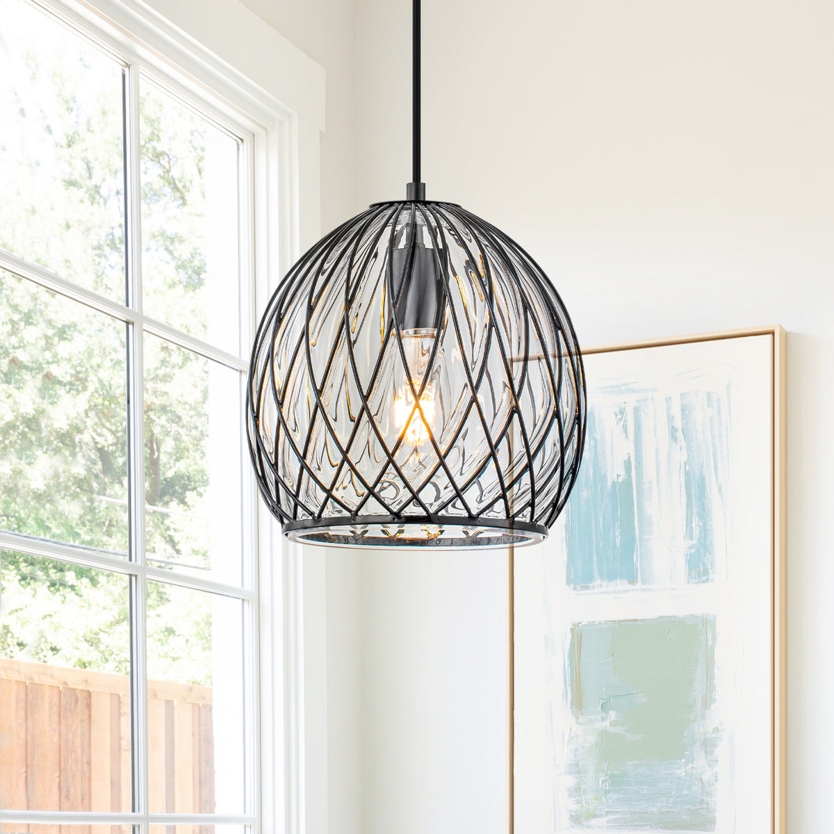 Modern Matte Black Pendant Light with Globe Glass & Wire Cage Kitchen - product image 1 | Zenvolit