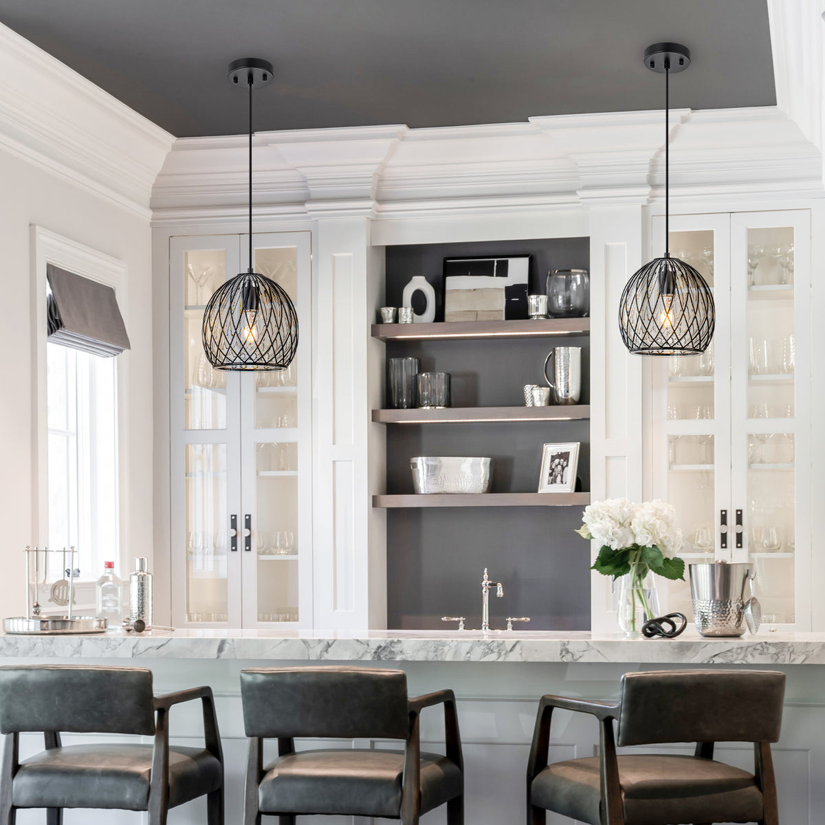 Modern Matte Black Pendant Light with Globe Glass & Wire Cage Kitchen