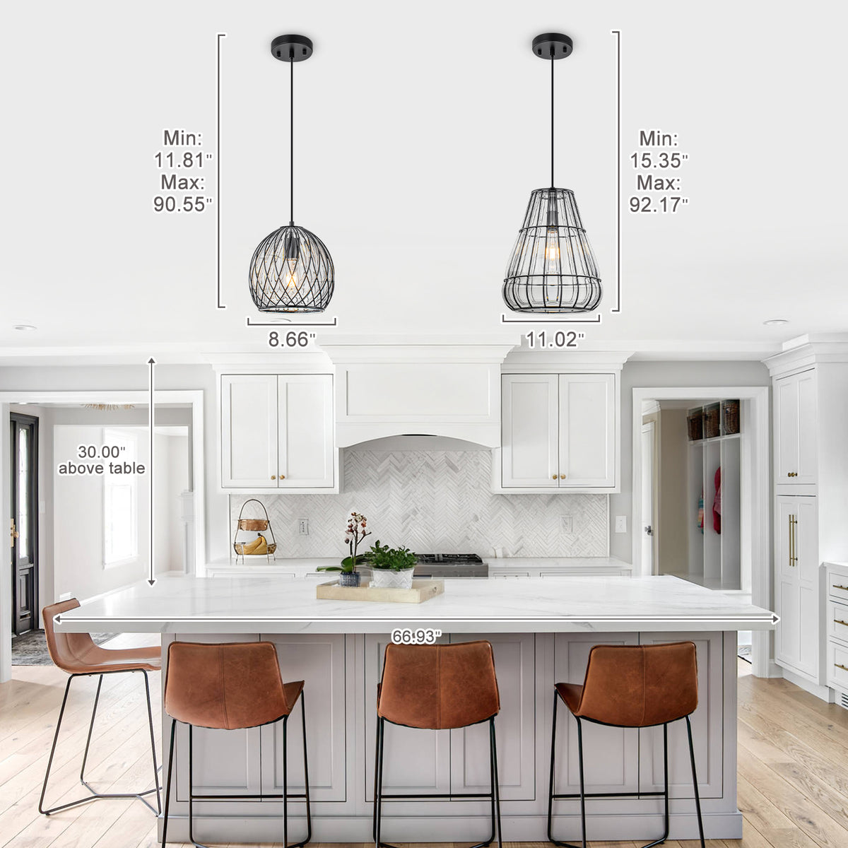 Modern Matte Black Pendant Light with Globe Glass & Wire Cage Kitchen