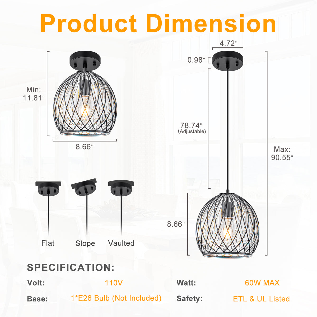 Modern Matte Black Pendant Light with Globe Glass & Wire Cage Kitchen