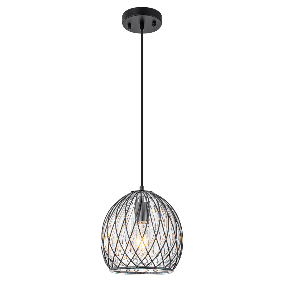 Modern Matte Black Pendant Light with Globe Glass & Wire Cage Kitchen