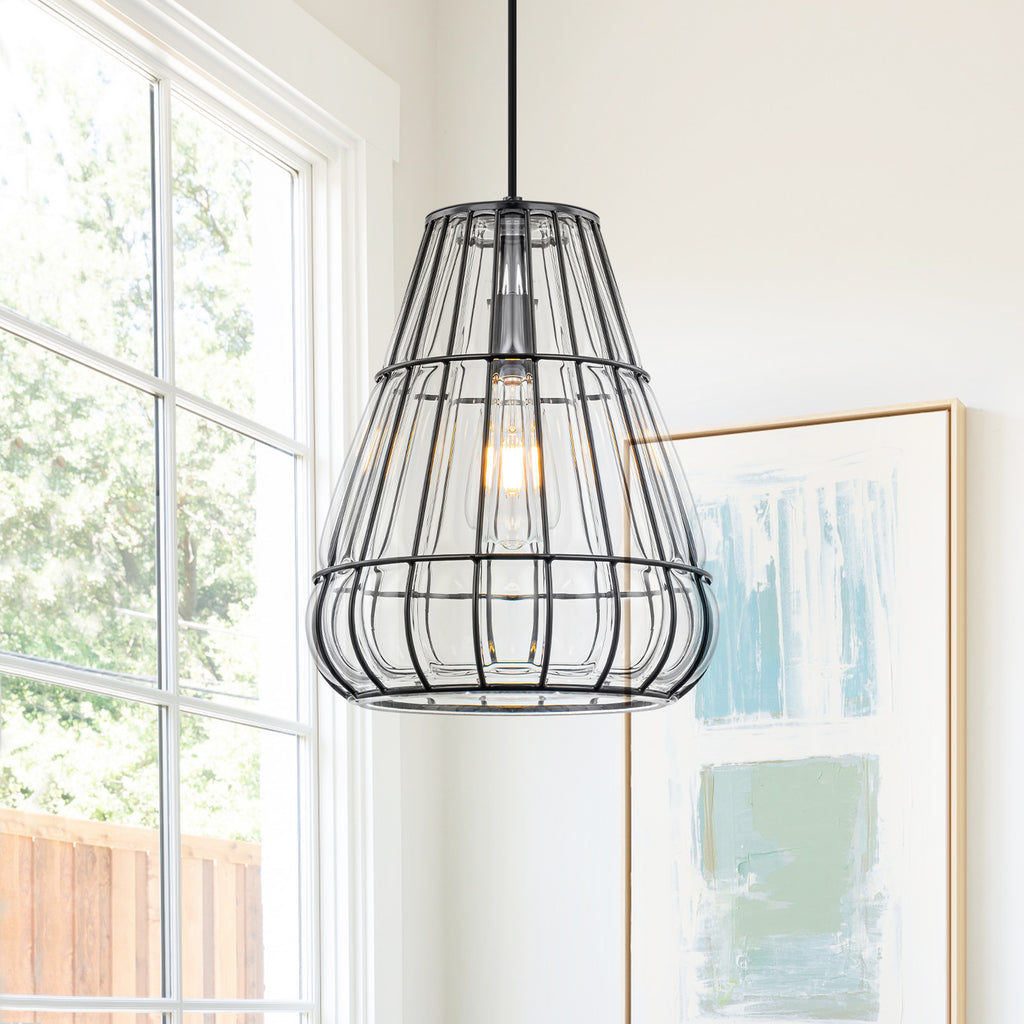 Modern Black Pendant Light with Gourd Glass & Wire Cage Kitchen Island - product image 1 | Zenvolit