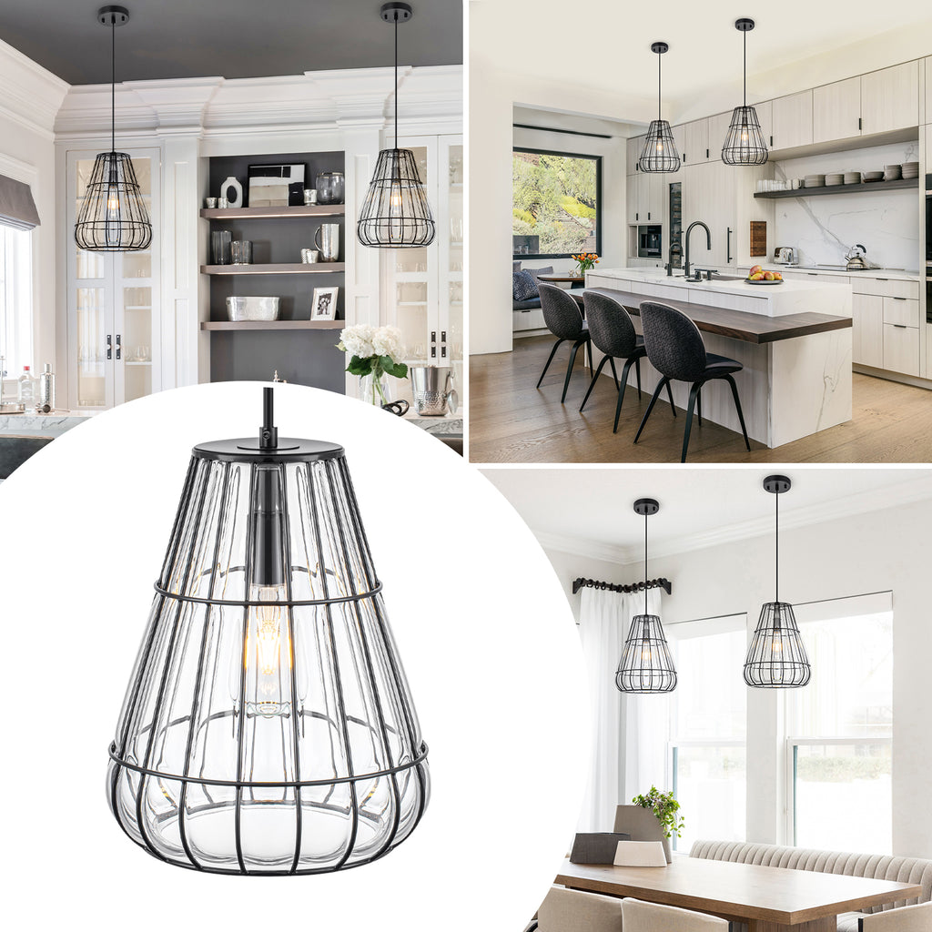 Modern Black Pendant Light with Gourd Glass & Wire Cage Kitchen Island
