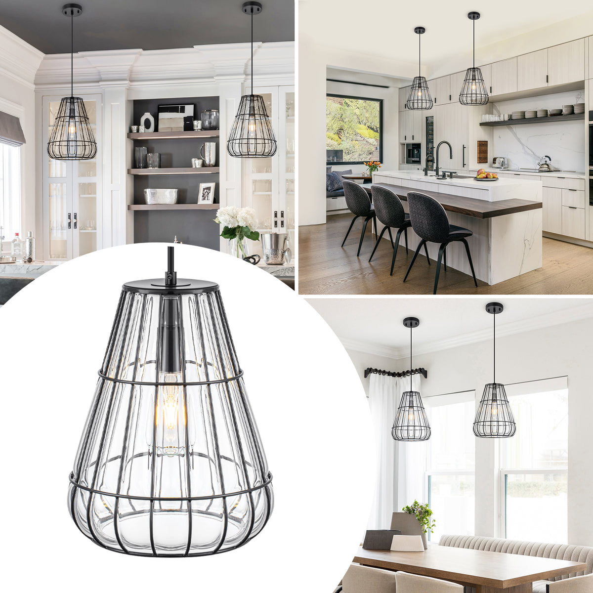Modern Black Pendant Light with Gourd Glass & Wire Cage Kitchen Island