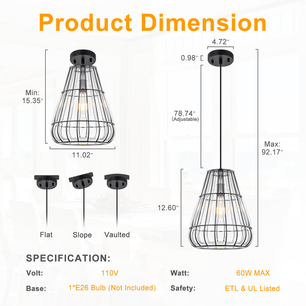 Modern Black Pendant Light with Gourd Glass & Wire Cage Kitchen Island