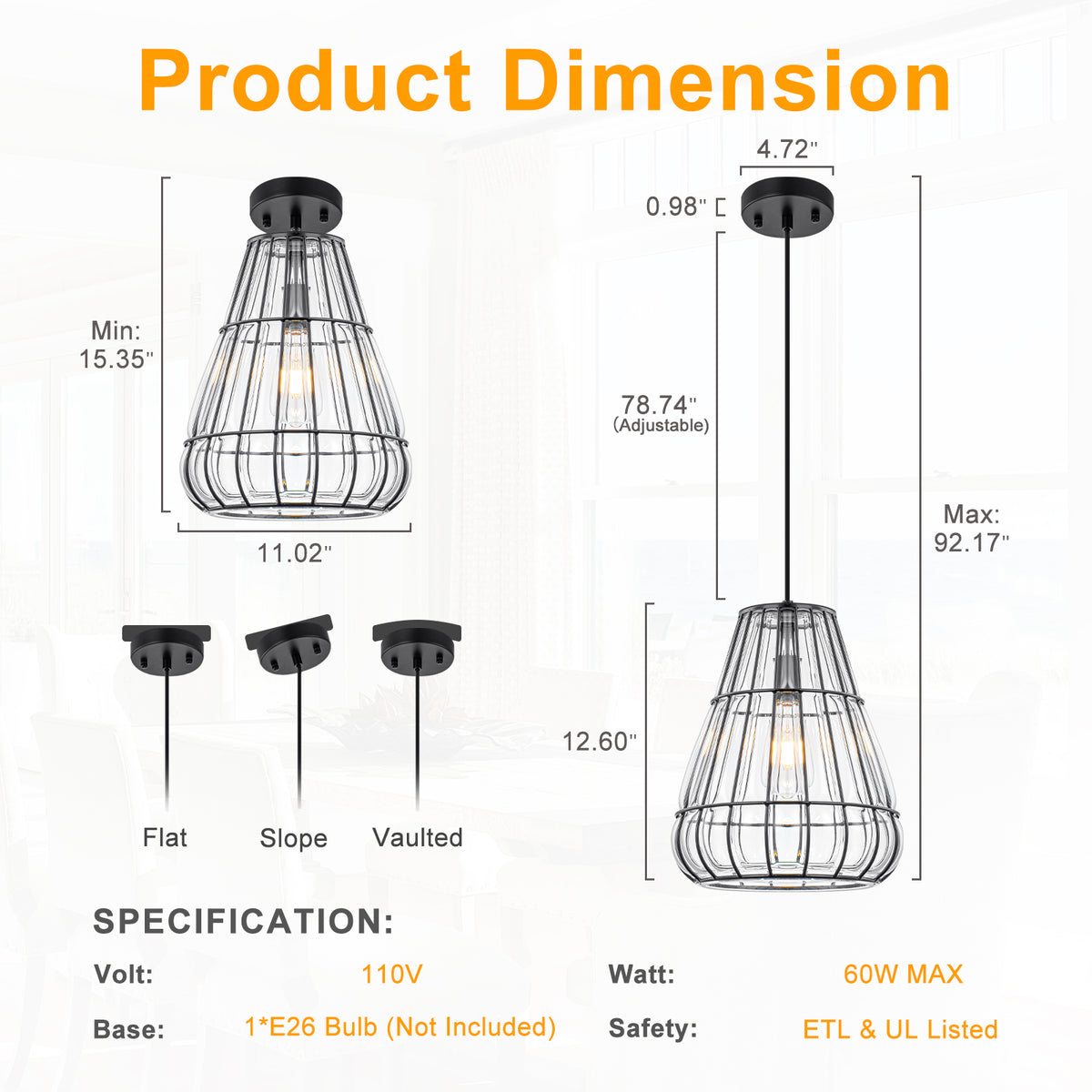 Modern Black Pendant Light with Gourd Glass & Wire Cage Kitchen Island