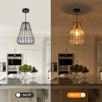Modern Black Pendant Light with Gourd Glass & Wire Cage Kitchen Island