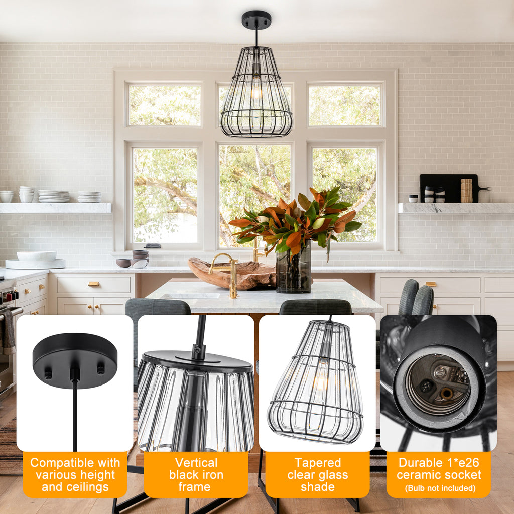 Modern Black Pendant Light with Gourd Glass & Wire Cage Kitchen Island