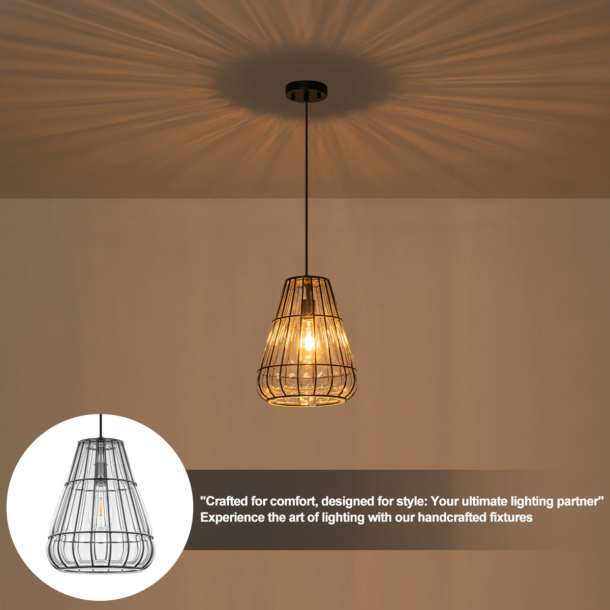Modern Black Pendant Light with Gourd Glass & Wire Cage Kitchen Island