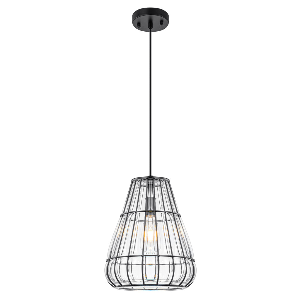 Modern Black Pendant Light with Gourd Glass & Wire Cage Kitchen Island