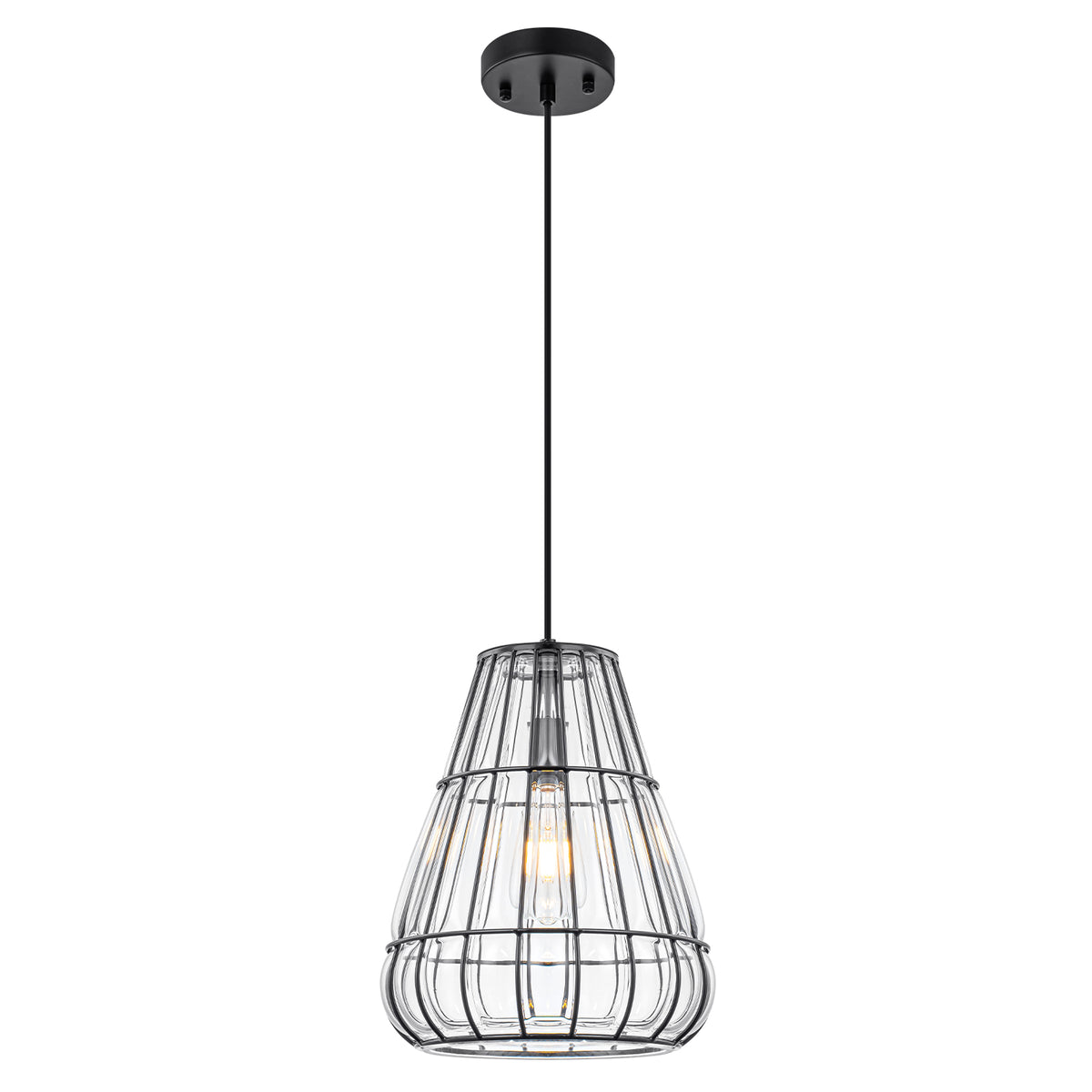 Modern Black Pendant Light with Gourd Glass & Wire Cage Kitchen Island