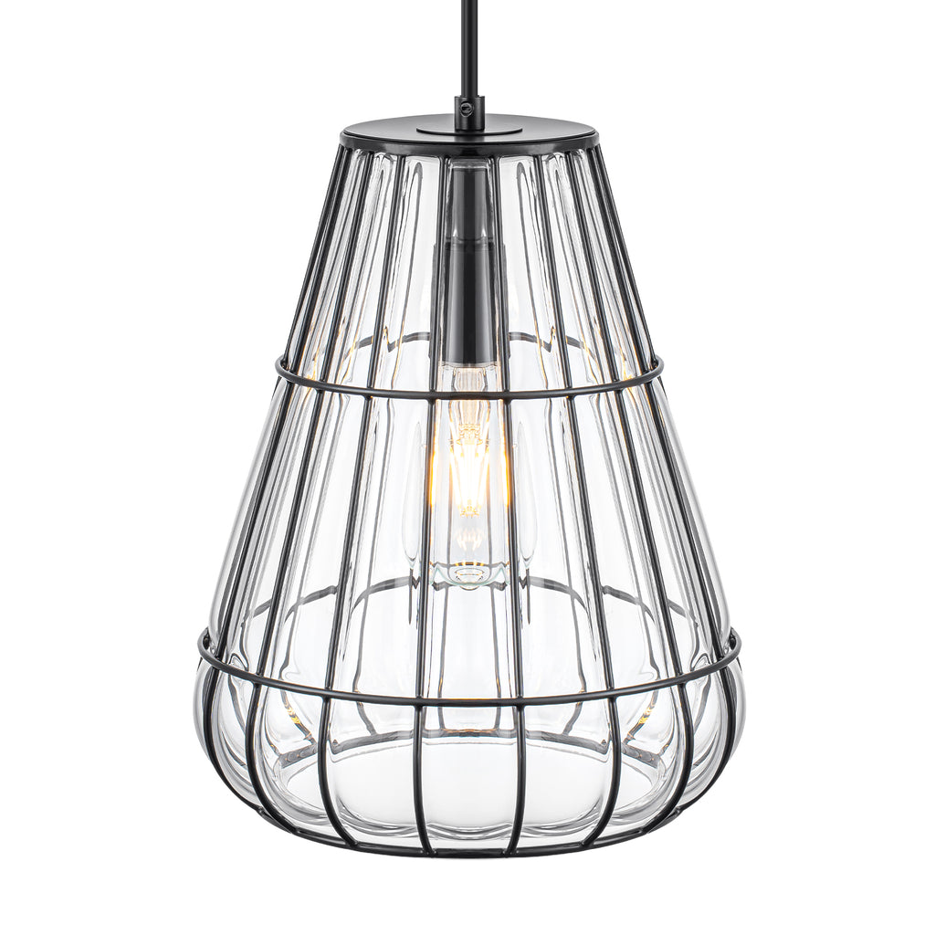 Modern Black Pendant Light with Gourd Glass & Wire Cage Kitchen Island