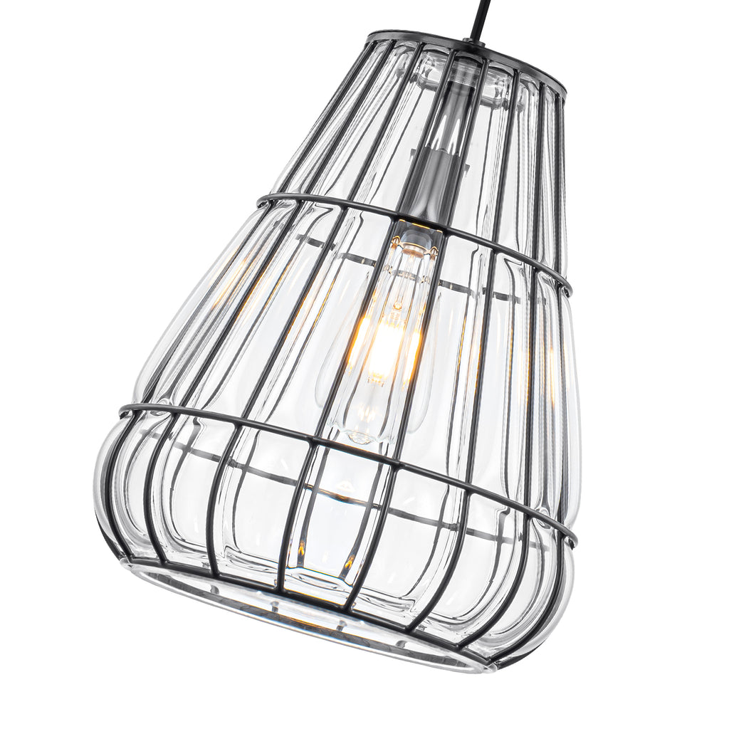 Modern Black Pendant Light with Gourd Glass & Wire Cage Kitchen Island