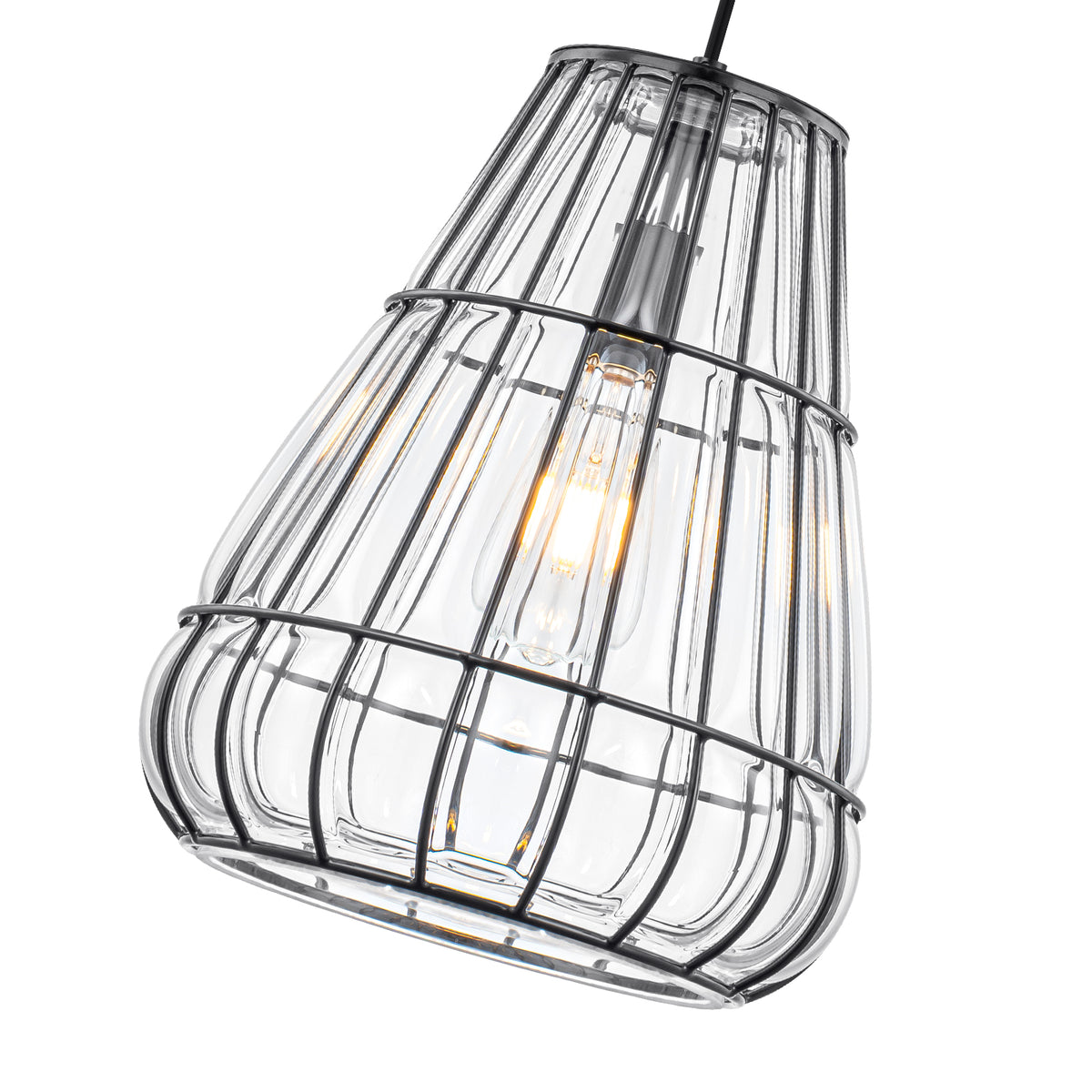 Modern Black Pendant Light with Gourd Glass & Wire Cage Kitchen Island