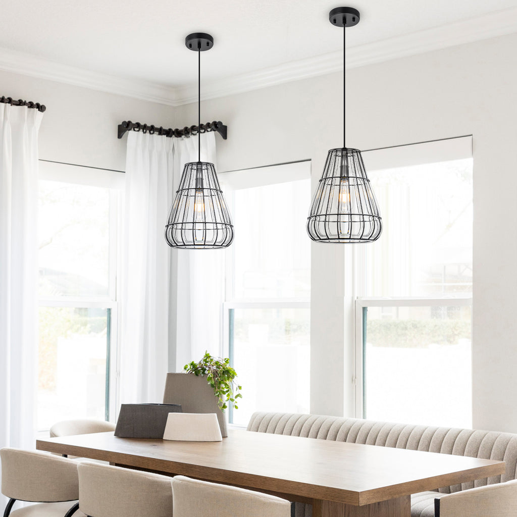 Modern Black Pendant Light with Gourd Glass & Wire Cage Kitchen Island