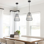 Modern Black Pendant Light with Gourd Glass & Wire Cage Kitchen Island
