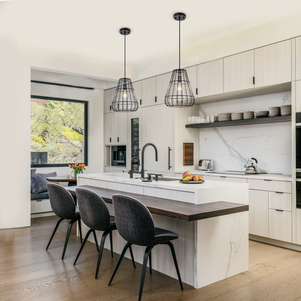Modern Black Pendant Light with Gourd Glass & Wire Cage Kitchen Island